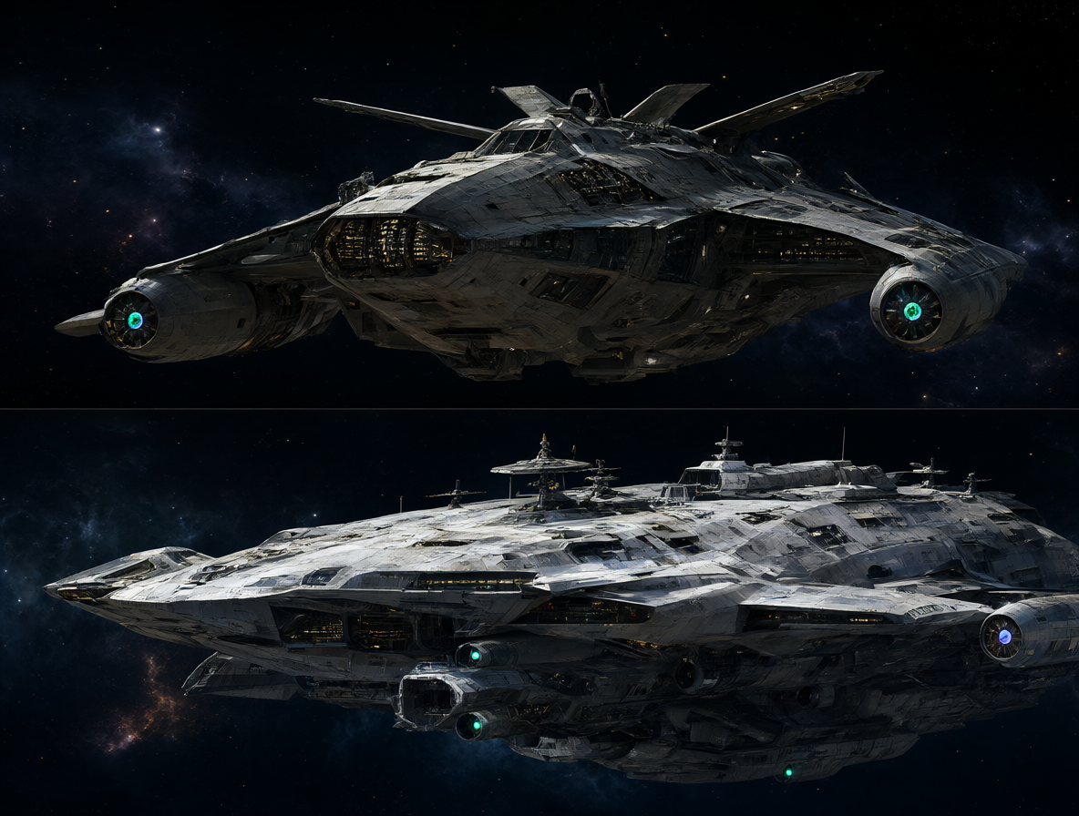 Detailed description for accessibility of a split composition showing two legendary sci-fi spaceships side by side.
