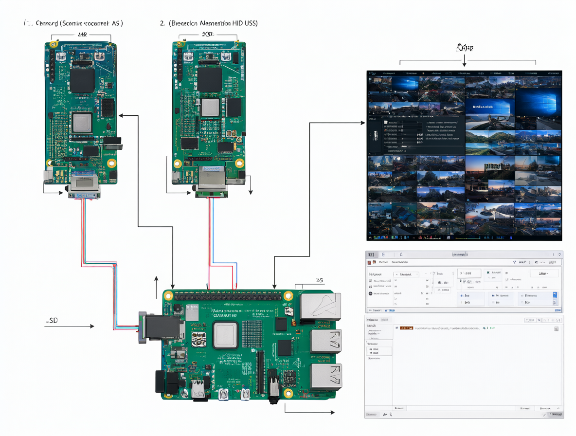 Diagrama técnico de control remoto DIY mostrando una Raspberry Pi 5 con tarjetas capturadoras HDMI, microcontroladores emuladores HID y un PC Windows gestionando las señales.
