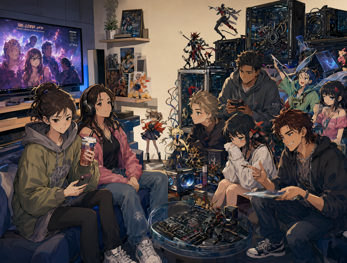 Illustration showing two groups: one enjoying popular pop culture on the left, and another gathered around specialized hobbies on the right.