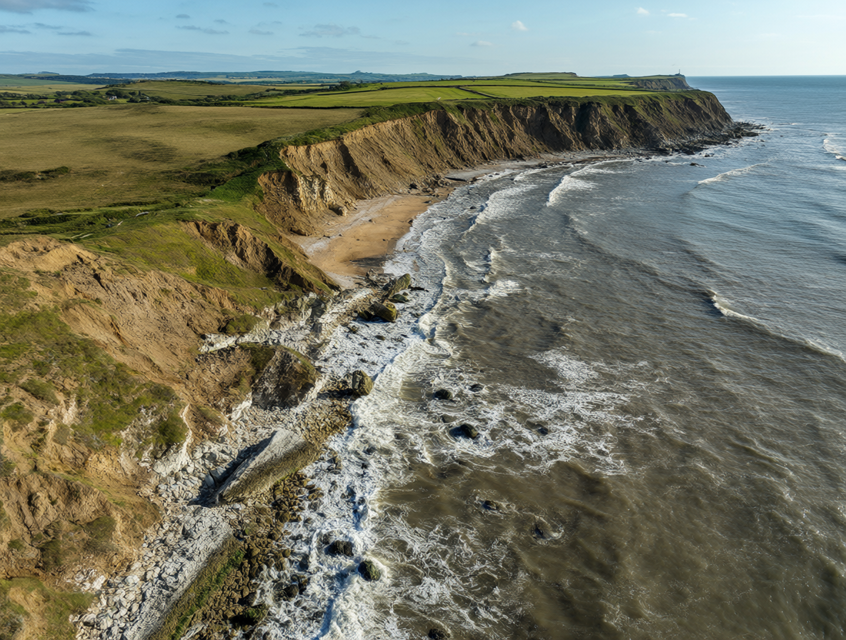 Vista aérea de los acantilados erosionados en la costa de Holderness, mostrando el mar y las formaciones rocosas.