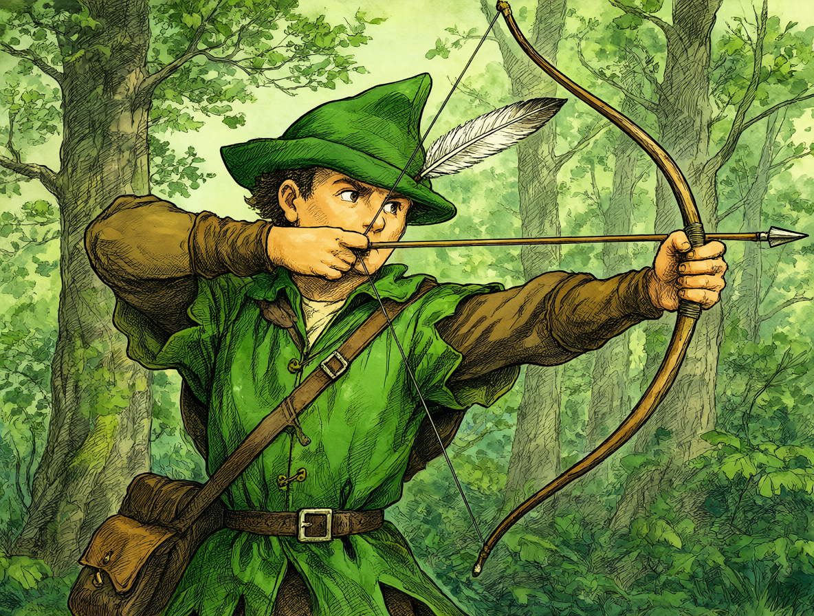 Ilustración detallada de Robin Hood con túnica verde y gorro emplumado, tensando un arco largo en el bosque de Sherwood.