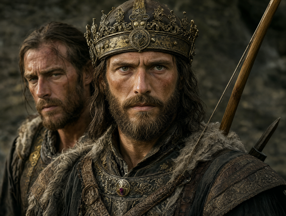Retrato cercano de Locksley sosteniendo un arco, con el fondo mostrando la Inglaterra medieval y los reyes Ricardo I y Juan.