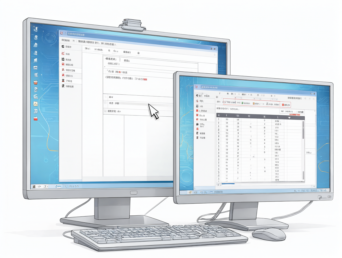 Ilustración técnica de un setup multi-monitor mostrando una aplicación sin respuesta al cursor