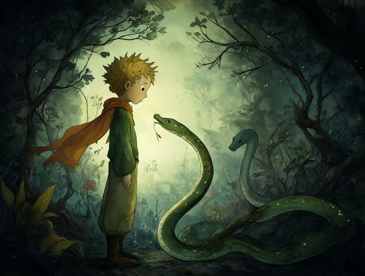 Ilustración del Principito hablando con una serpiente en un entorno oscuro y místico.