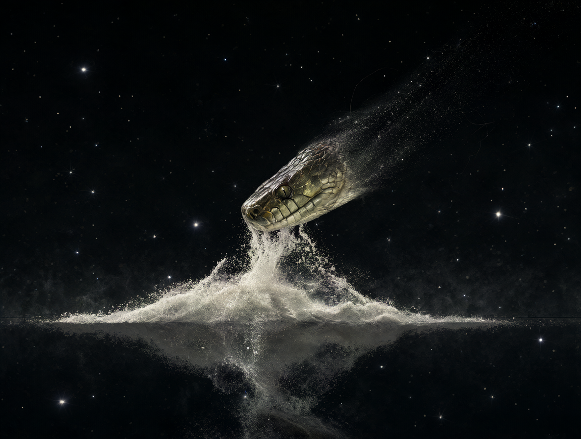 Una serpiente surrealista disolviéndose en polvo estelar y oscuridad profunda.