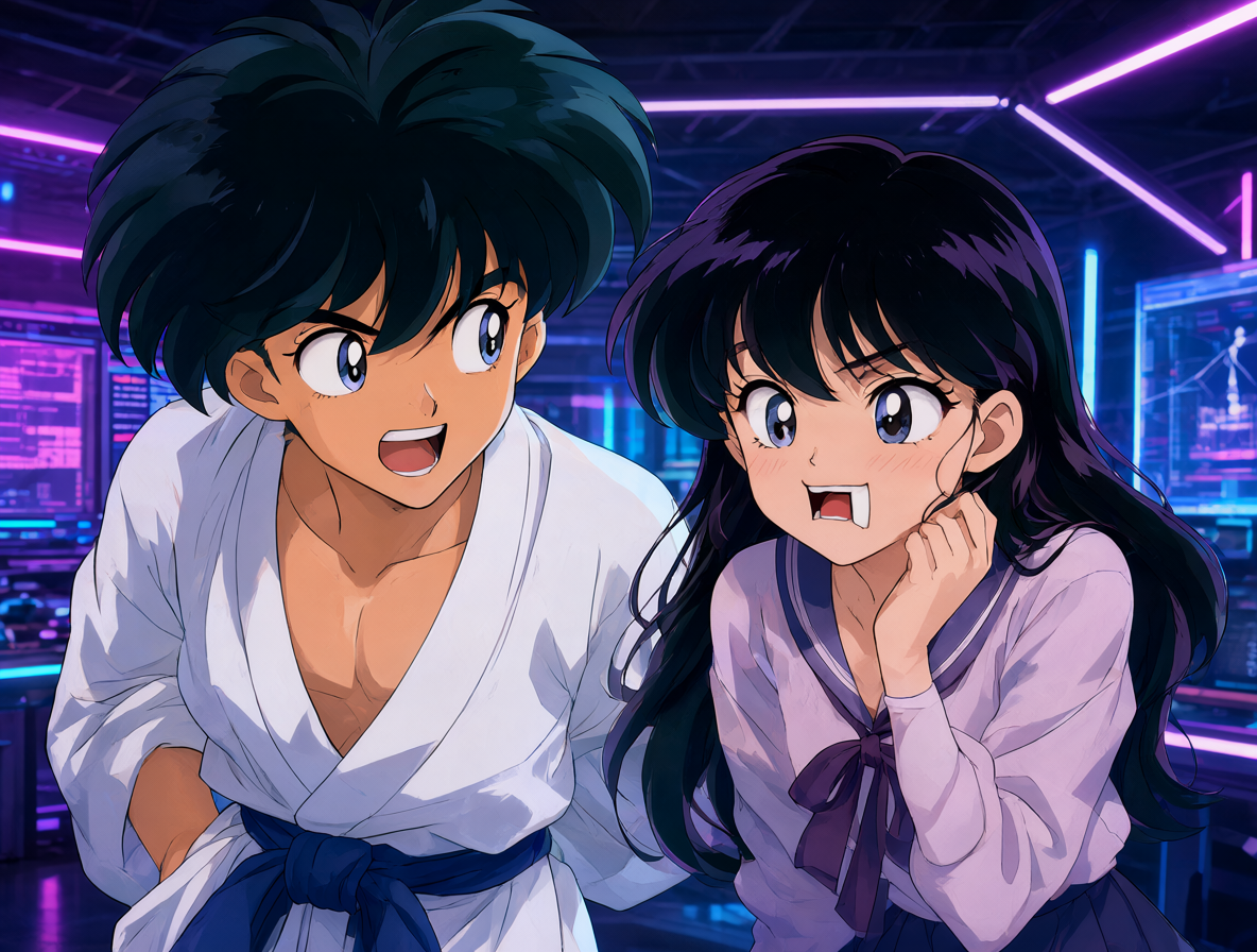 Ranma y una chica misteriosa en un estudio de animación iluminado por luces de neón.