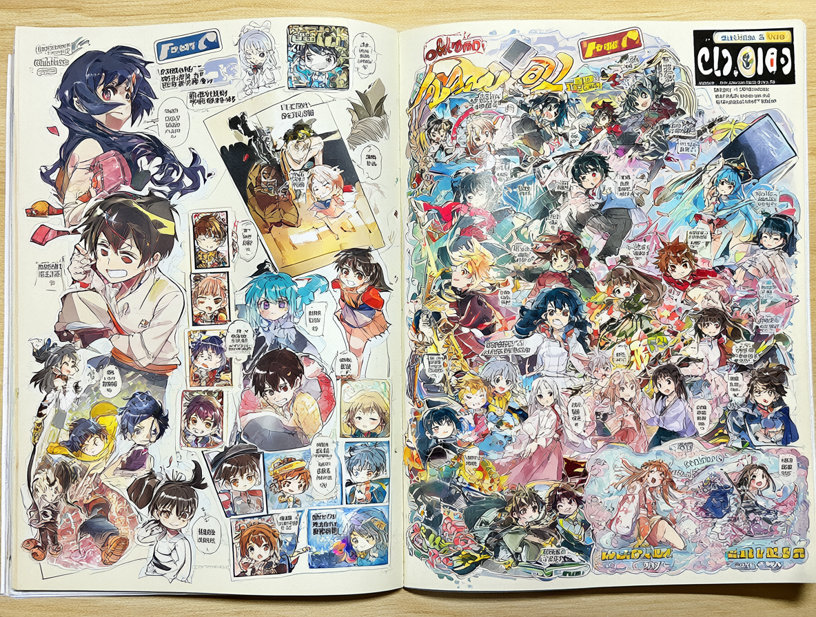 Revistas japonesas abiertas y el logo de un blog especializado en producción de animación.