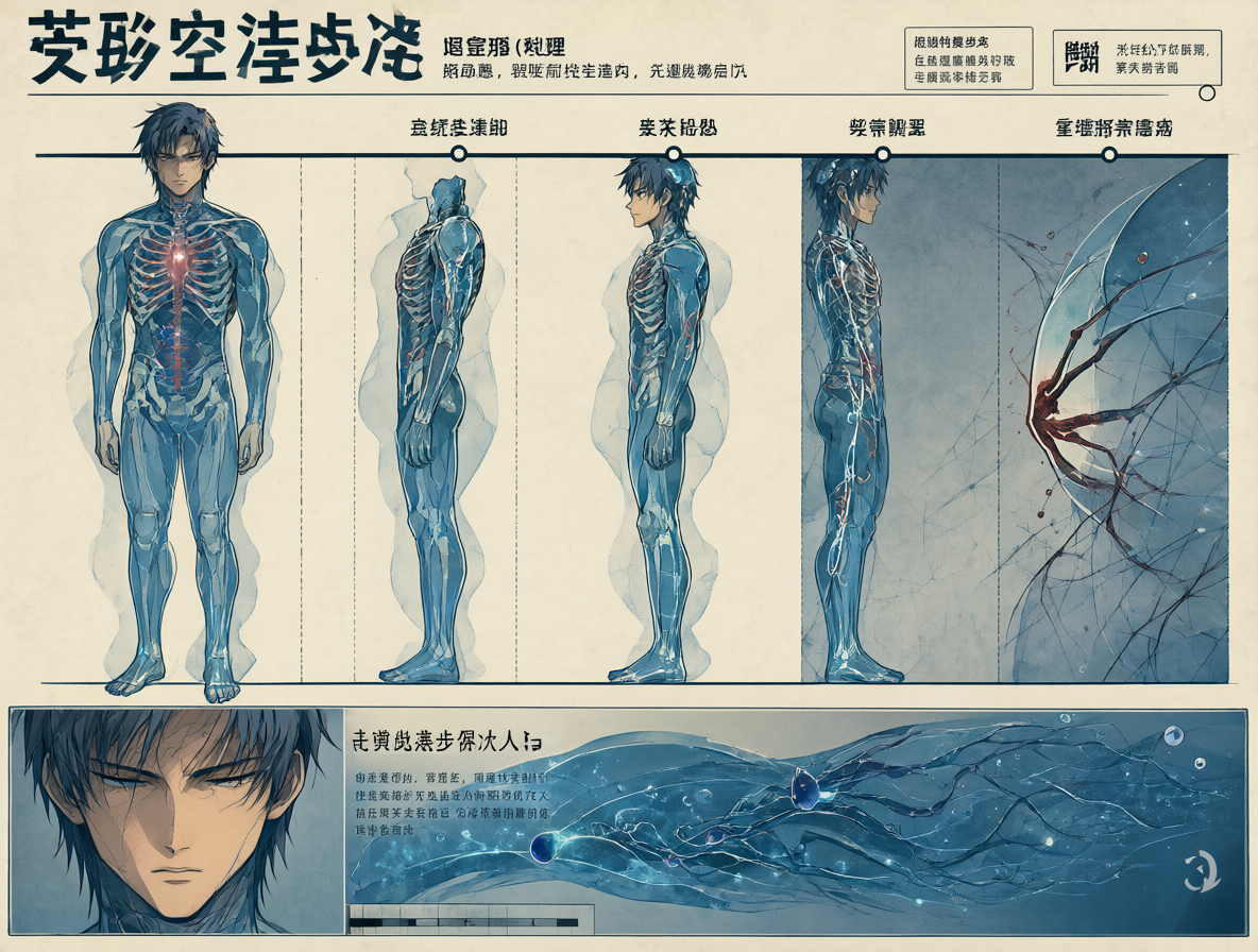Diagrama visual separando identidad real del personaje de su cuerpo físico con una línea de tiempo.