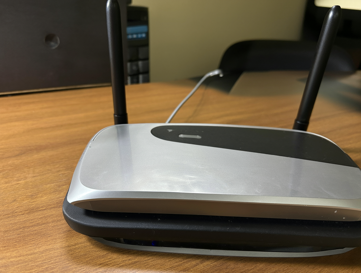 Router inalámbrico SR120 AC1200 sobre una mesa de madera