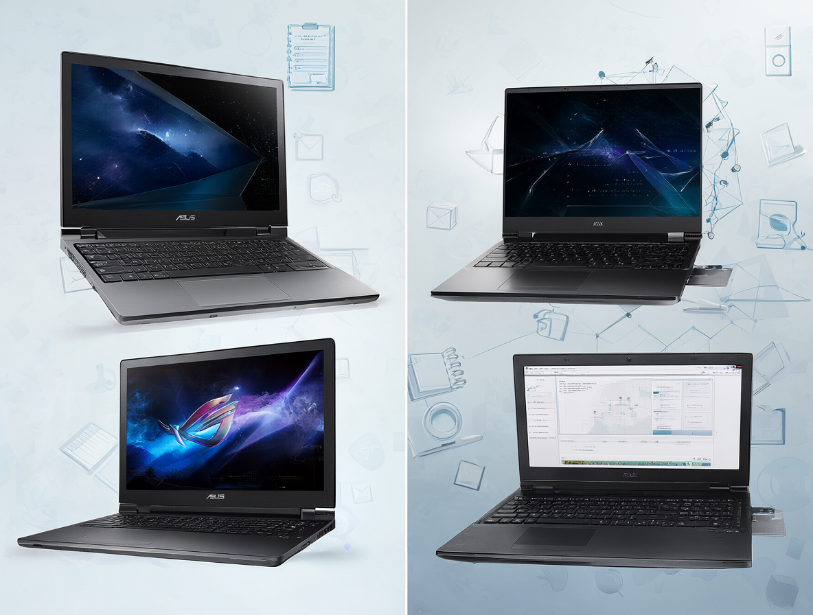 Split composition displaying high-performance notebooks from ASUS Zenbook and ROG alongside premium models from Dell XPS and Latitude, set against a background of business and gaming icons to represent market dynamics.