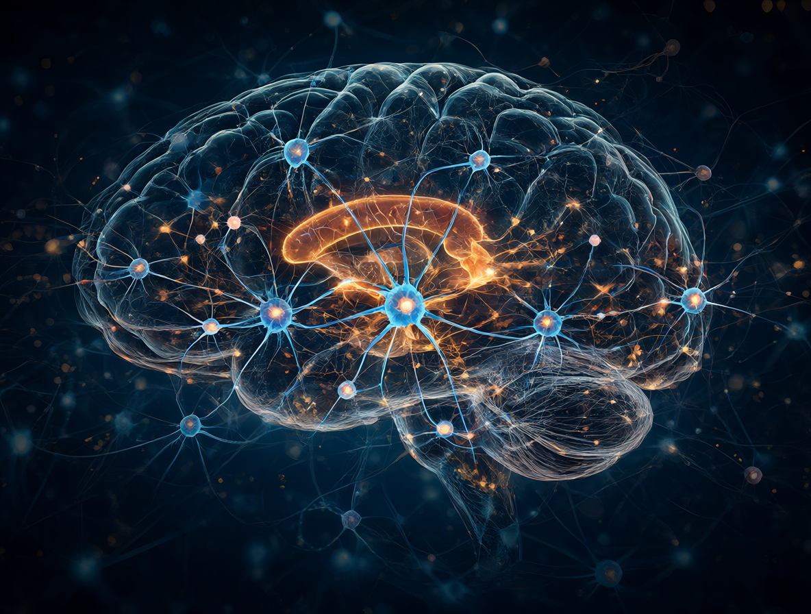 Ilustración científica del cerebro humano mostrando redes neuronales y actividad auditiva