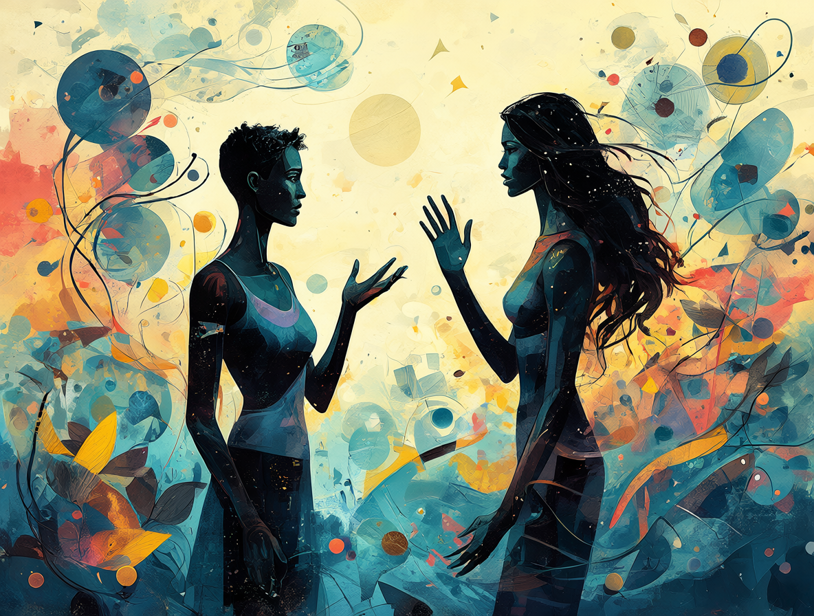 Dos personas discutiendo frente a un fondo abstracto que representa conceptos sociales.