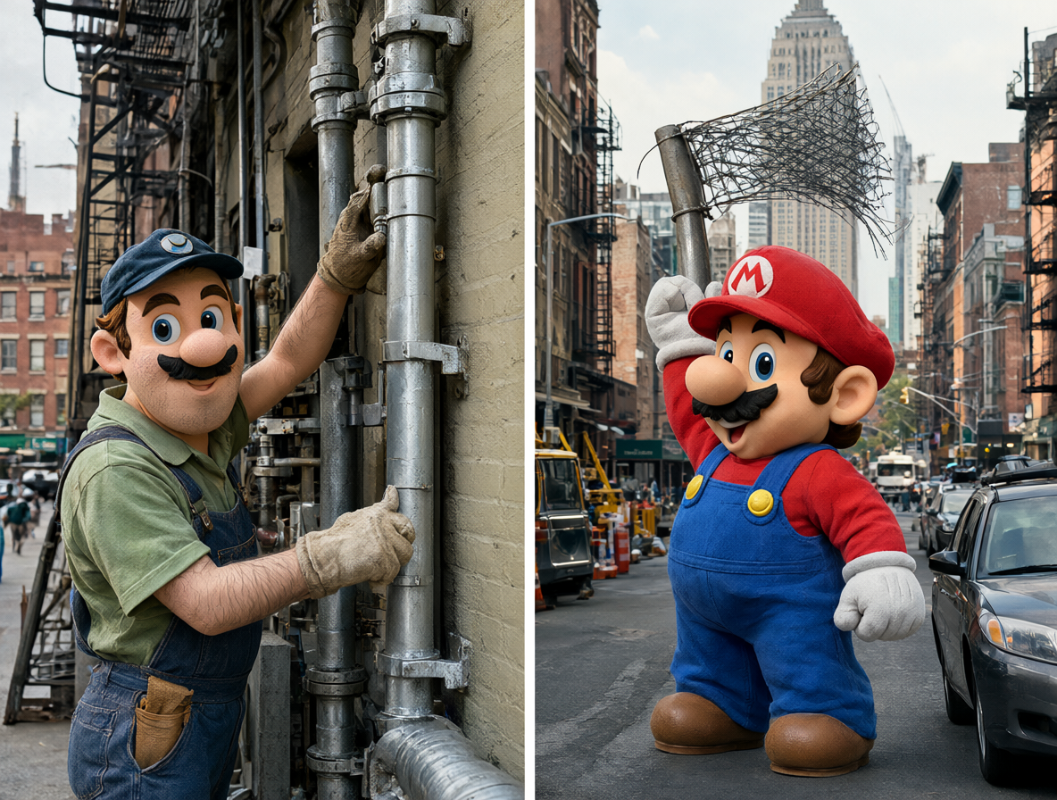 Comparación visual entre el carpintero y fontanero de Mario