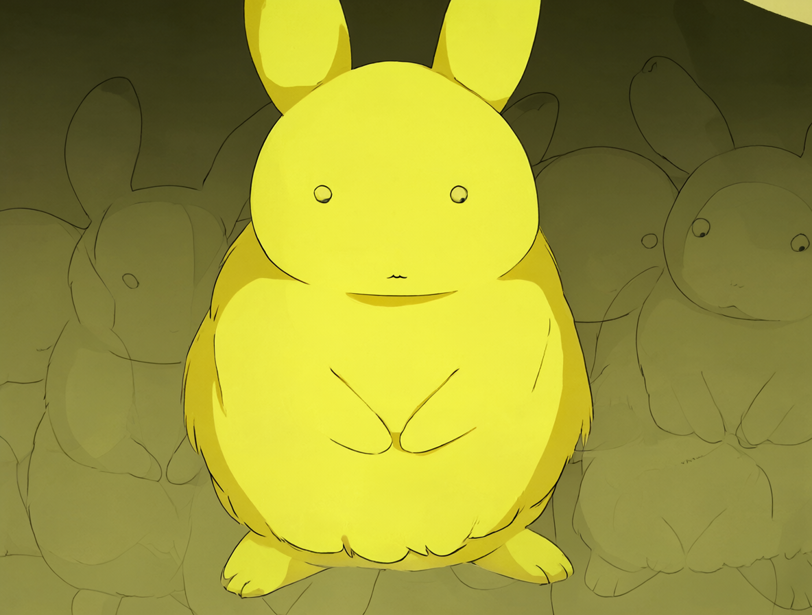 Primer plano del mascota conejo amarillo con un fondo lleno de referencias