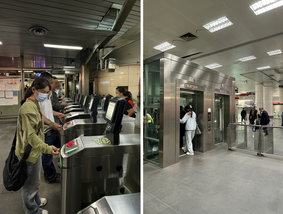 Una composición dividida que contrasta una estación de metro con torniquetes y un lobby de ascensor abierto sin barreras.