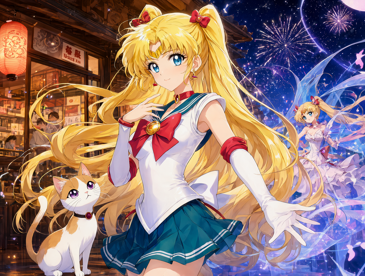 Ilustración anime de Minako Aino en su traje clásico de Sailor V con Artemis, fondo dividido entre el restaurante Wagnaria y un entorno de chicas mágicas.