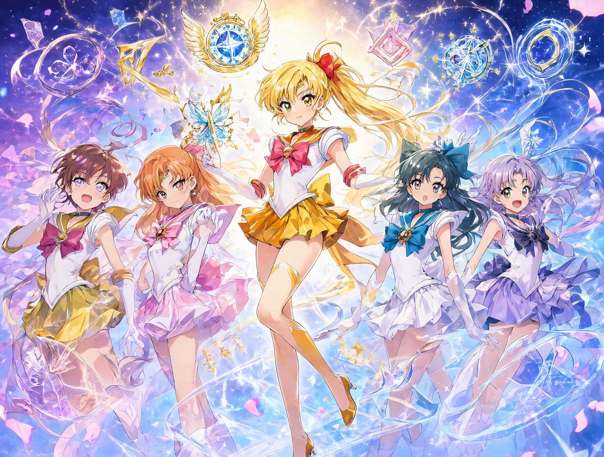 Ilustración anime mostrando a Minako en su traje clásico de Sailor V rodeada de elementos mágicos y los símbolos de las Sailor Guardians.