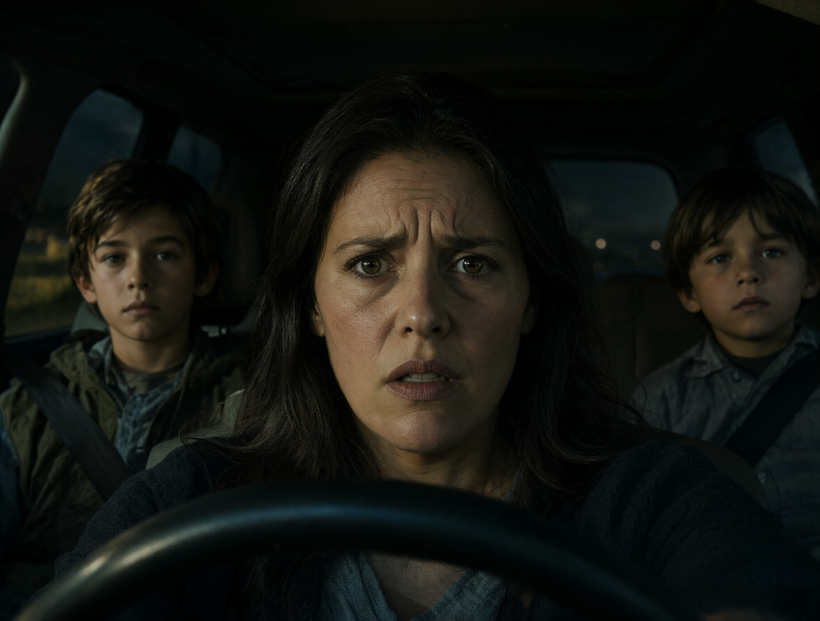 Mujer y dos niños dentro de un automóvil al atardecer
