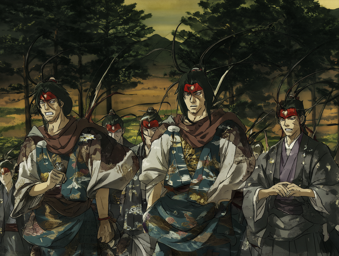 Ilustración de escenas históricas de Heike Monogatari y Golden Kamuy