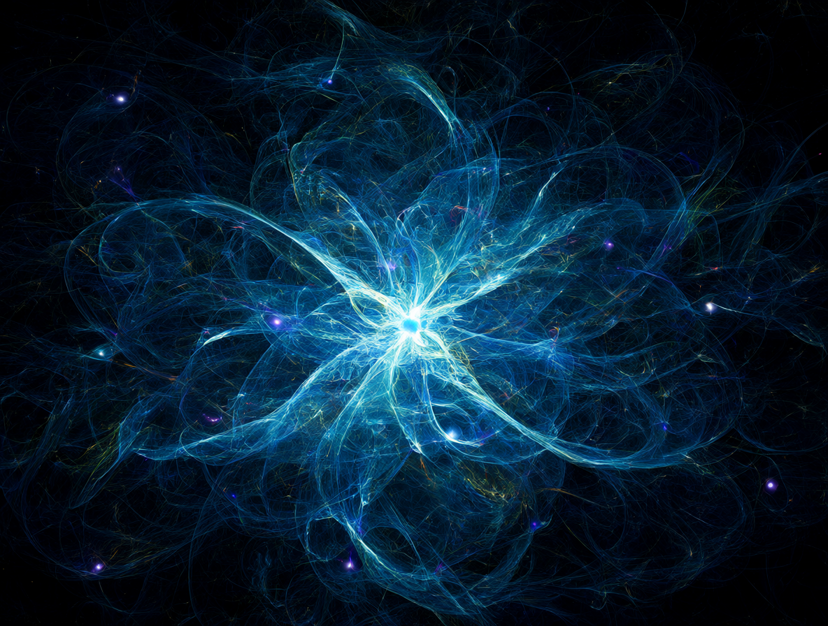 Imagen abstracta mostrando campos cuánticos brillantes permeando tanto el interior del átomo como el espacio profundo, demostrando que ninguno está verdaderamente vacío.