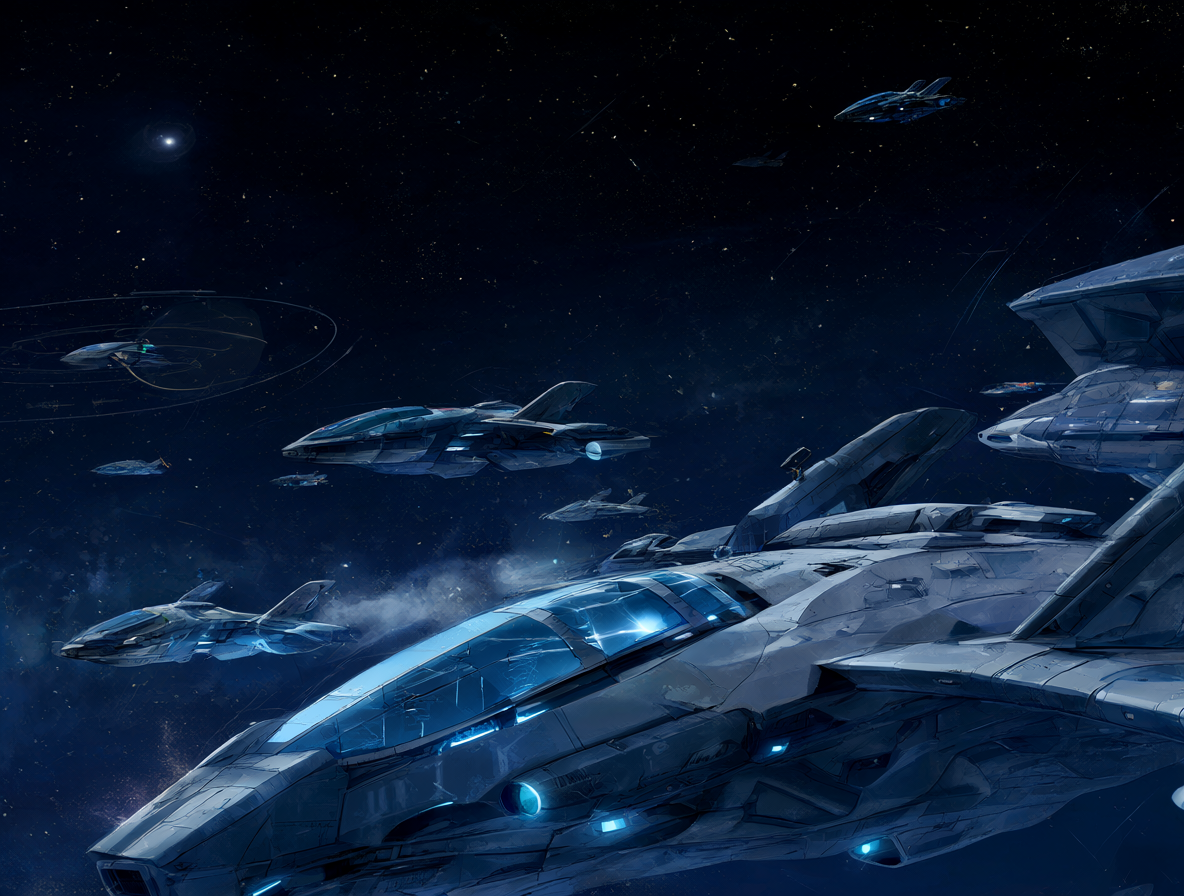Un paisaje espacial futurista con naves de fondo bajo un cielo estrellado, representando la ambientación de la serie.