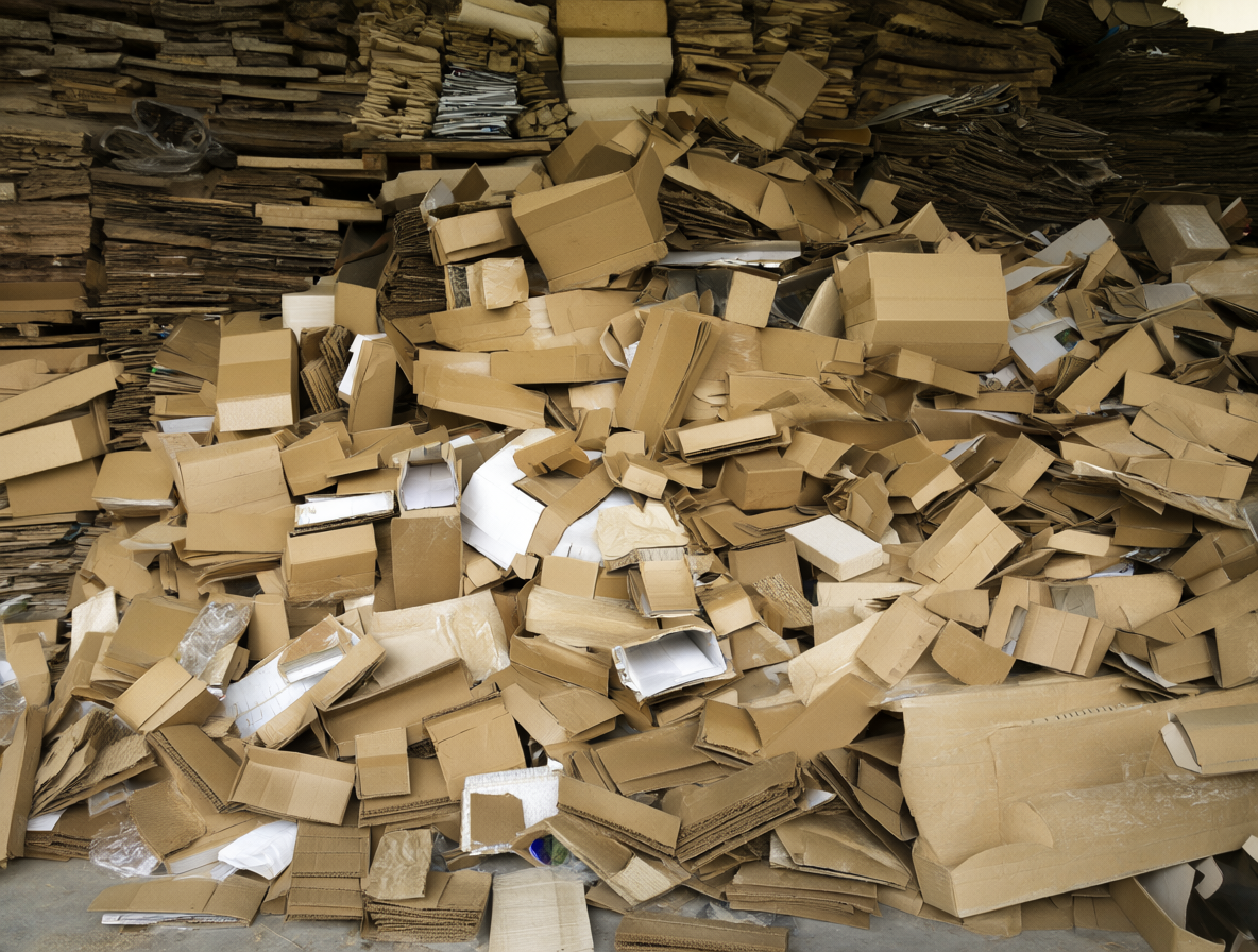 Varias cajas de cartón apiladas en un almacén con materias primas alrededor, representando el olor característico de los envases.