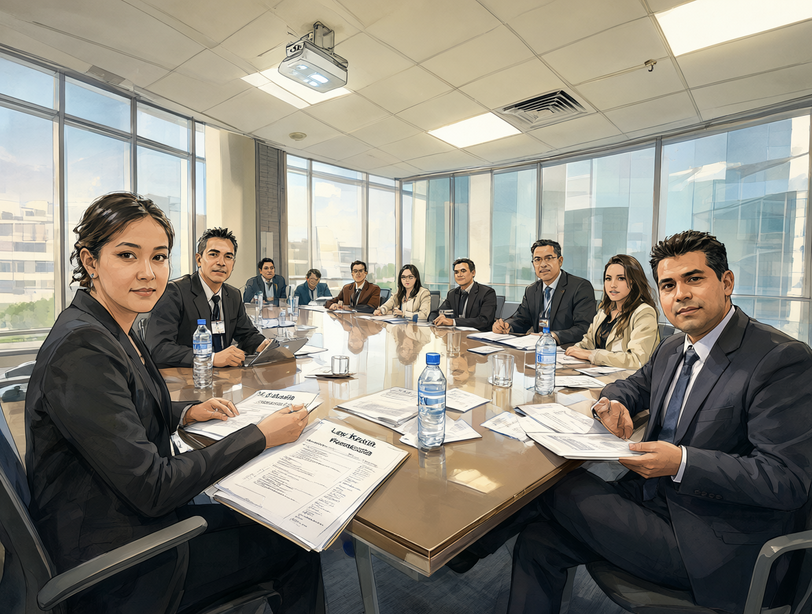 Sala de reuniones con equipo diverso analizando documentos sobre una mesa