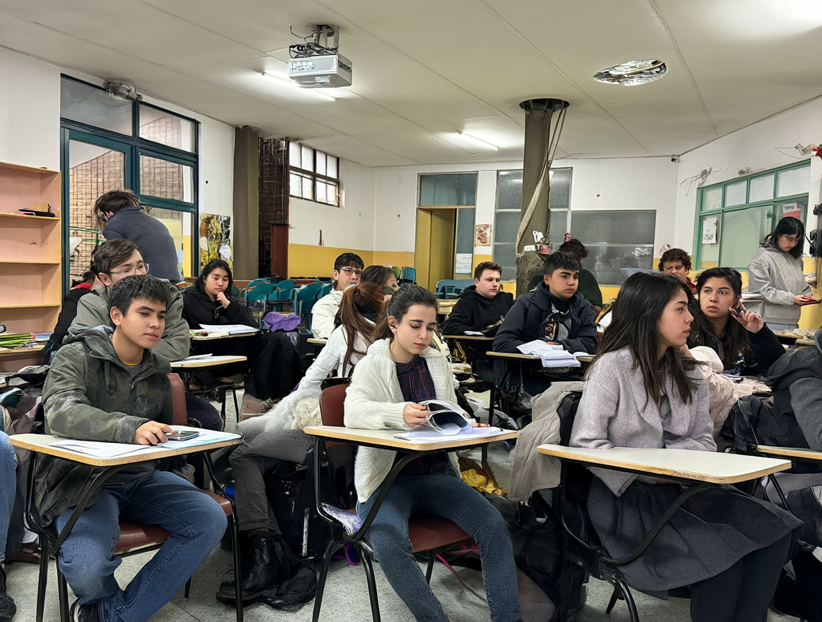 Estudiantes en un aula escolar interactuando sin usar dispositivos móviles
