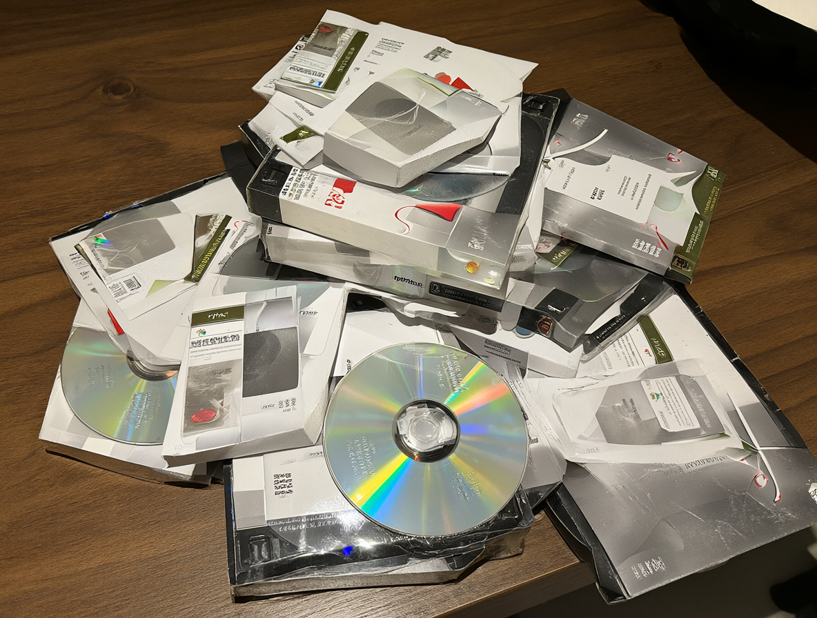 Varias cajas de software antiguo apiladas sobre una mesa de madera.