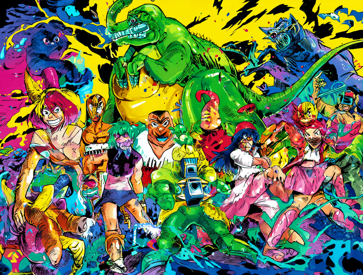 Retrato grupal de los personajes principales de la saga Excel en una escena colorida y loca.