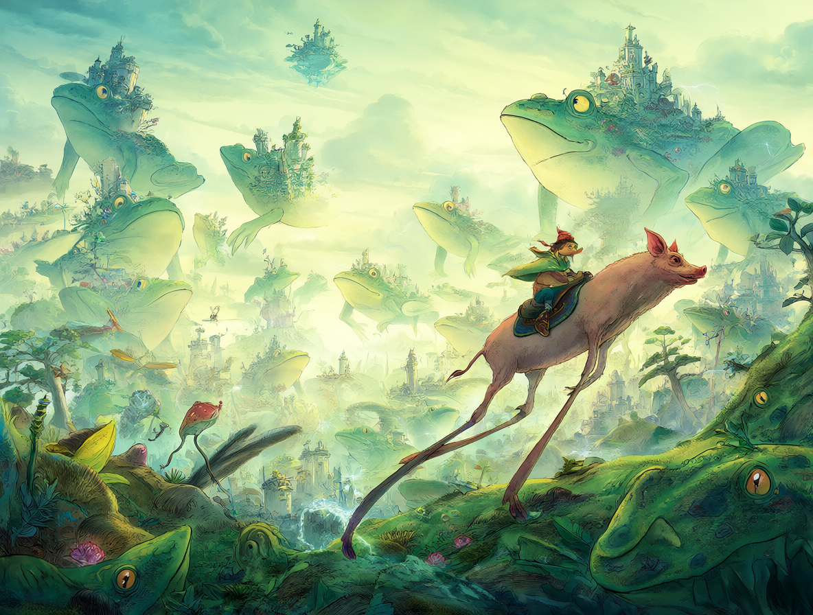 Ilustración de Tortov Roddle montando su cerdo a través de un paisaje mágico con ranas gigantes y cielos nocturnos.
