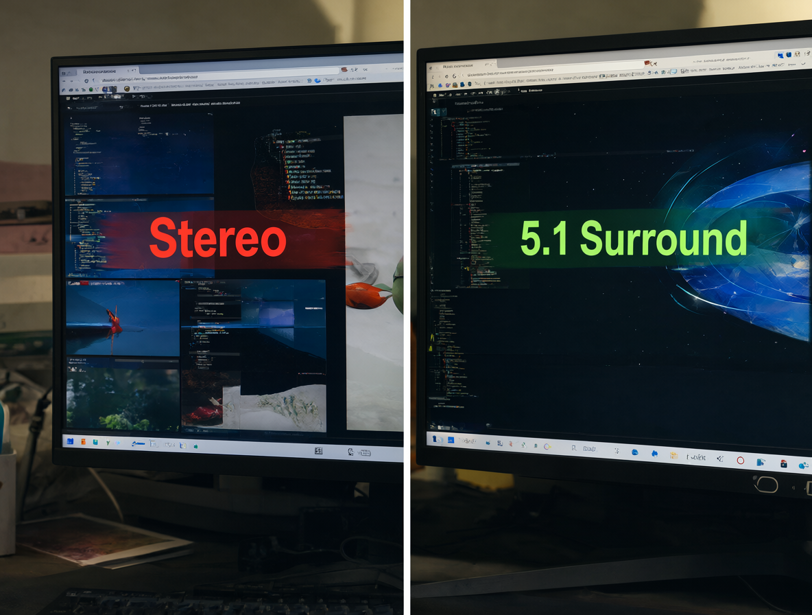 Gráfico comparativo mostrando una ventana de navegador Chrome etiquetada como estéreo y otra de Edge o Kodi con audio surround 5.1, sobre un escritorio difuso.