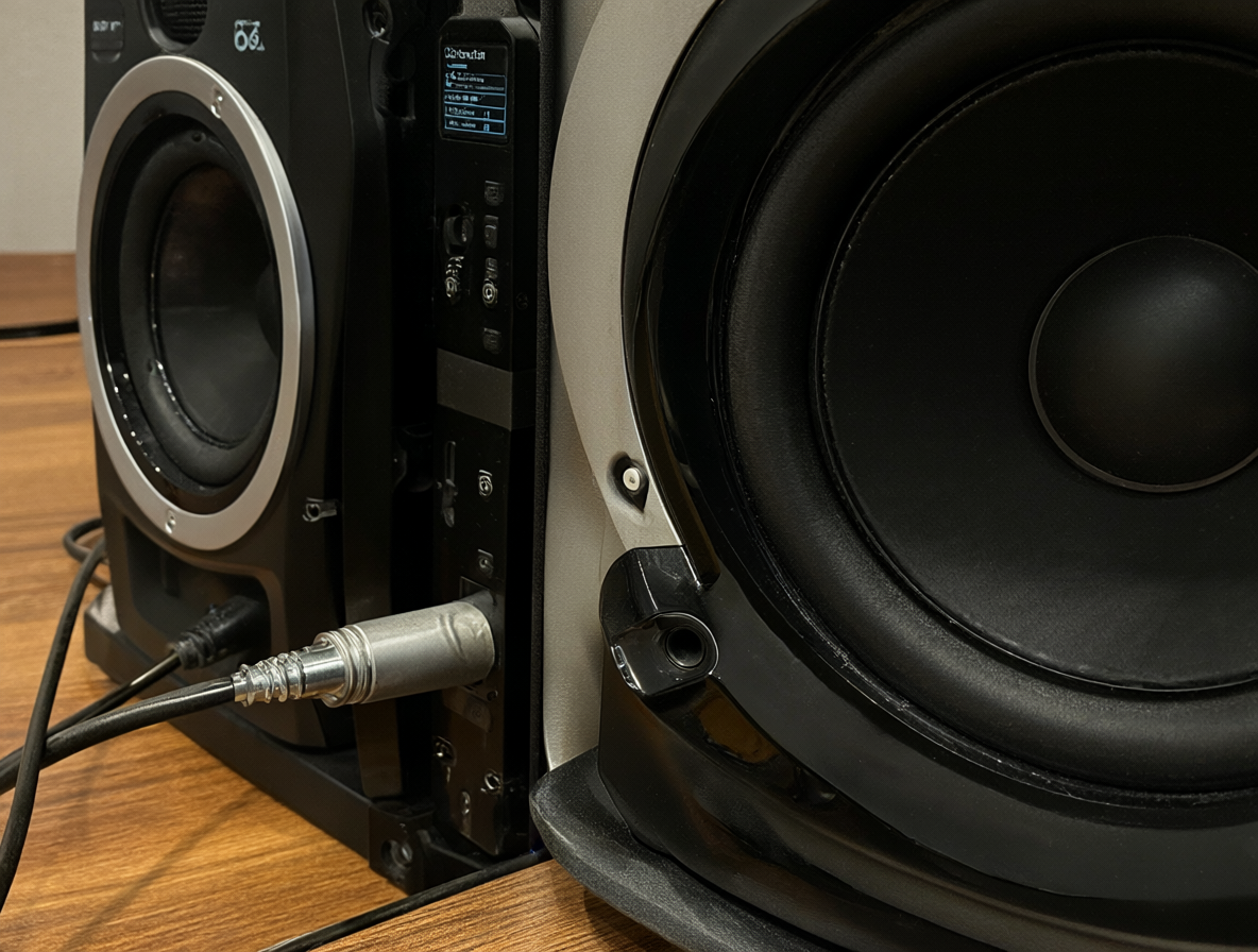 Vista cercana de un sistema de audio Logitech Z607 conectado por cables analógicos a una torre de computadora en un escritorio de madera.