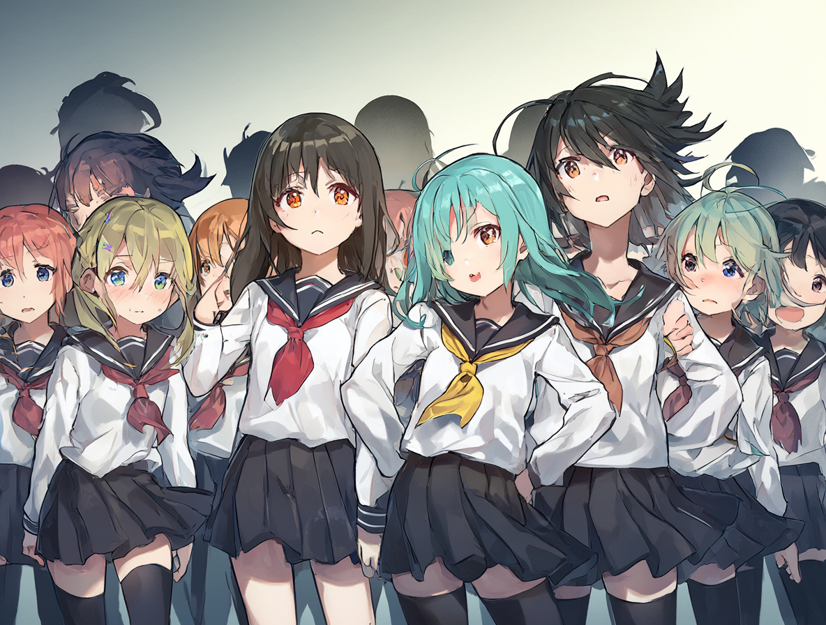 Grupo de personajes del anime Wonder Egg Priority en una escena destacada.