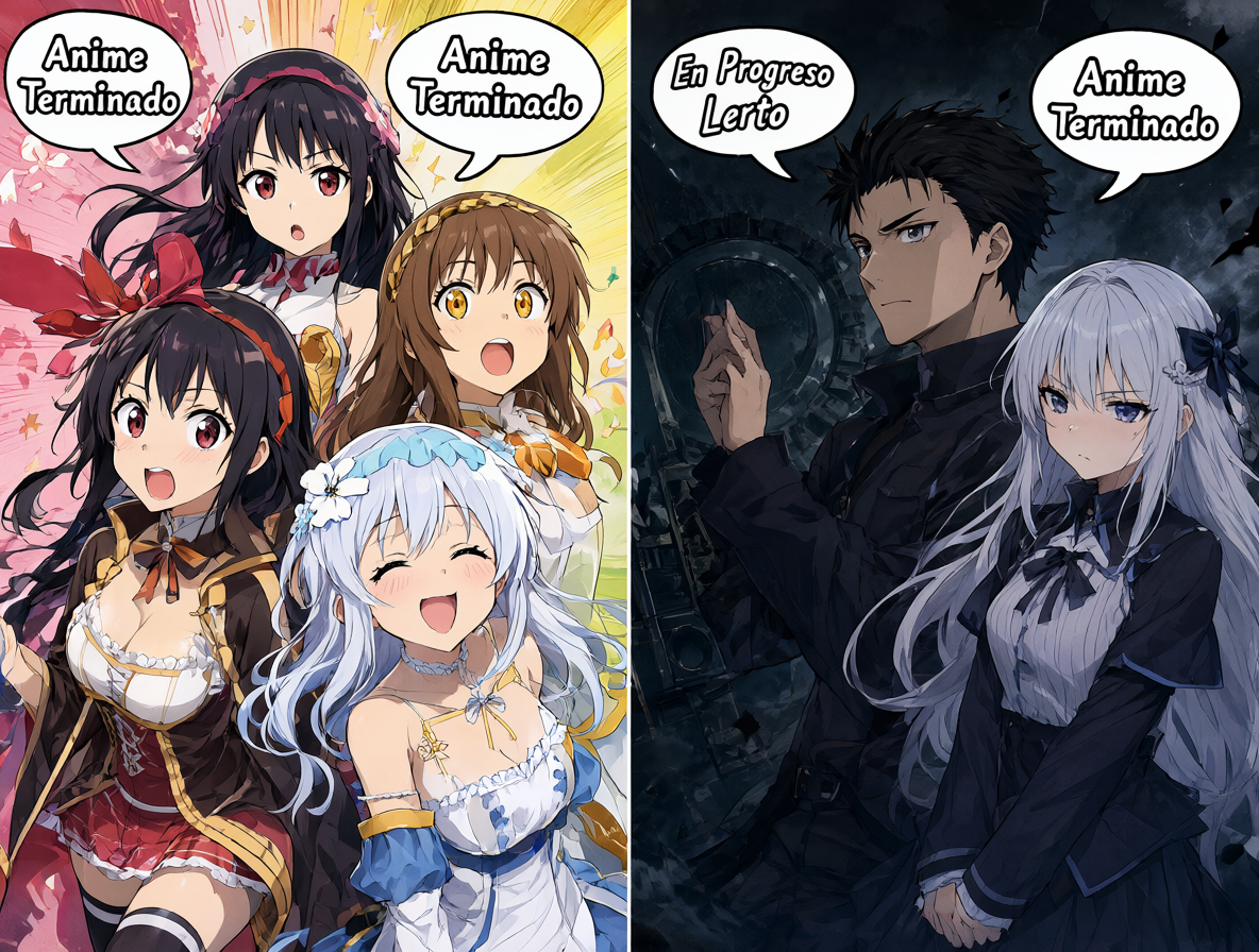 Ilustración comparativa mostrando a los personajes principales de KonoSuba y Re:Zero con etiquetas sobre sus estados de adaptación actuales.