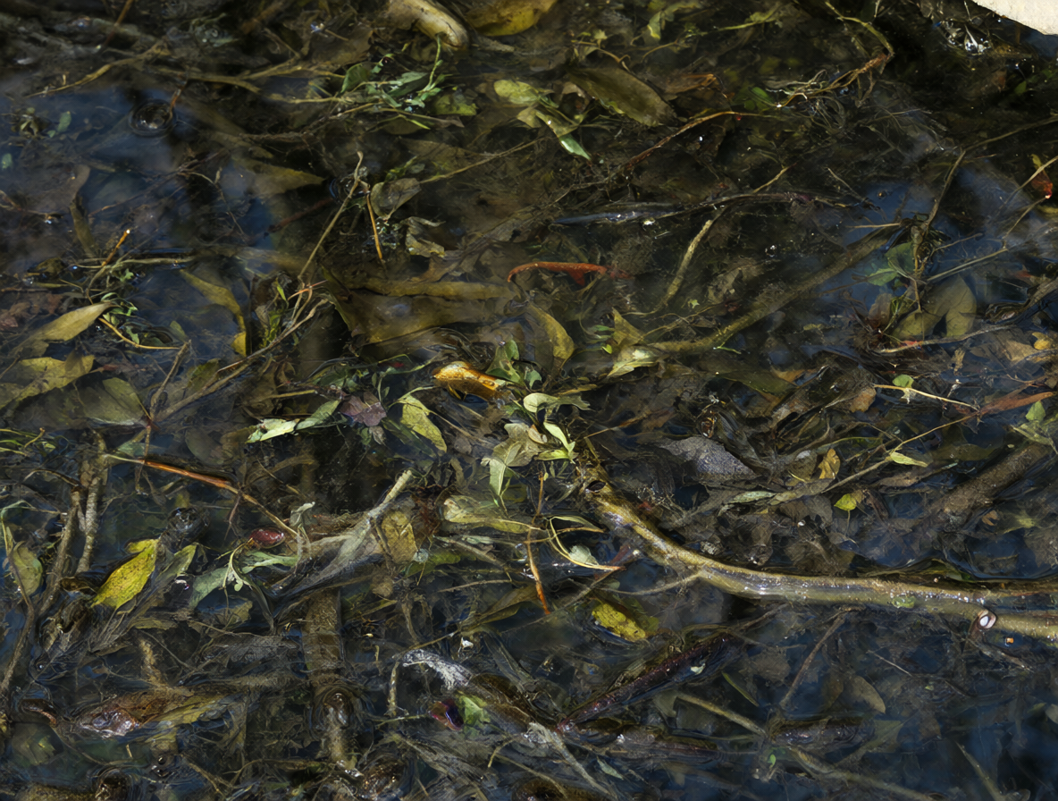 Ramas y hojas almacenadas bajo el agua para comer en invierno.