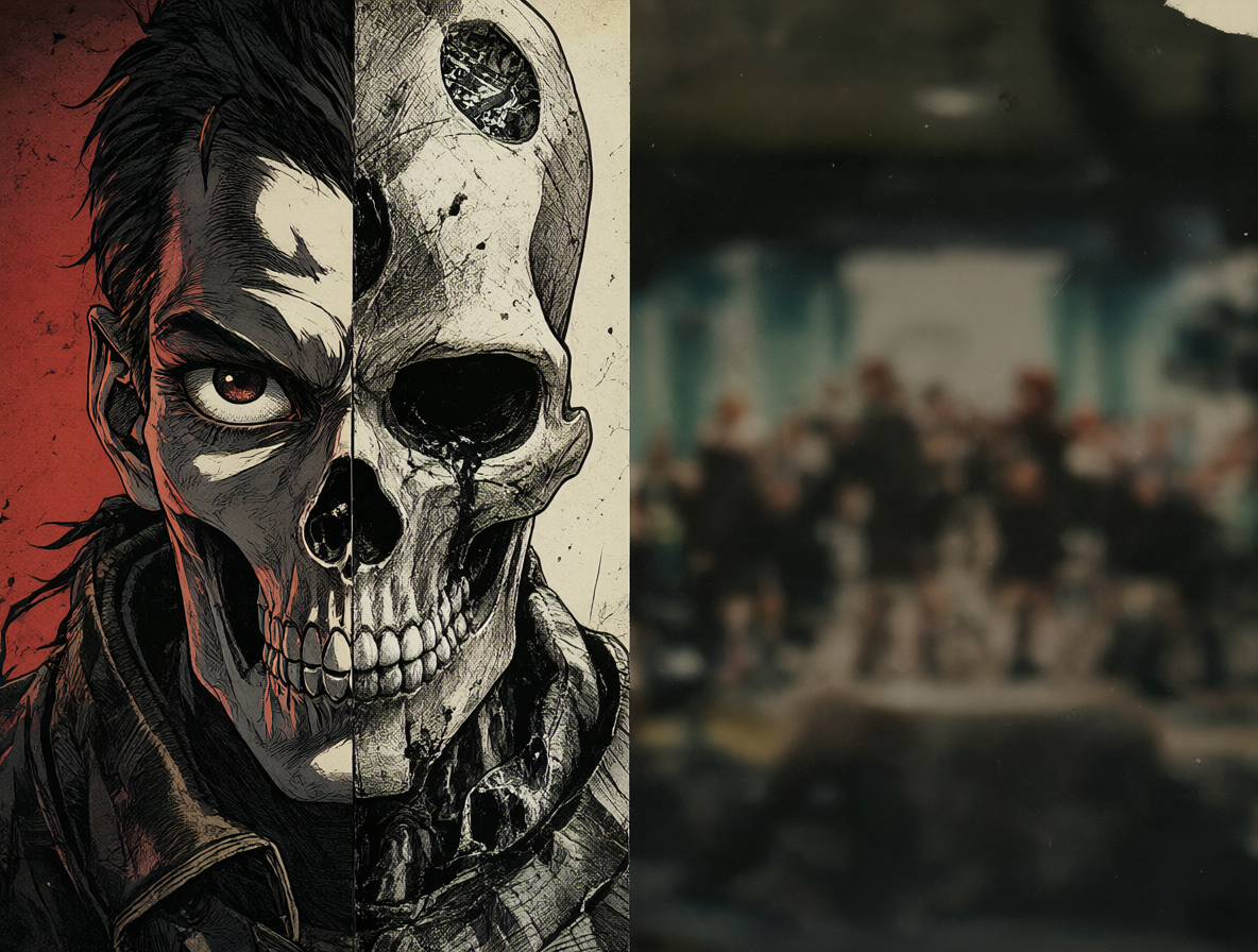 Split artwork showing The Skull Man character on one side and a realistic promotional background on the other, representing the dual nature of the franchise materials.