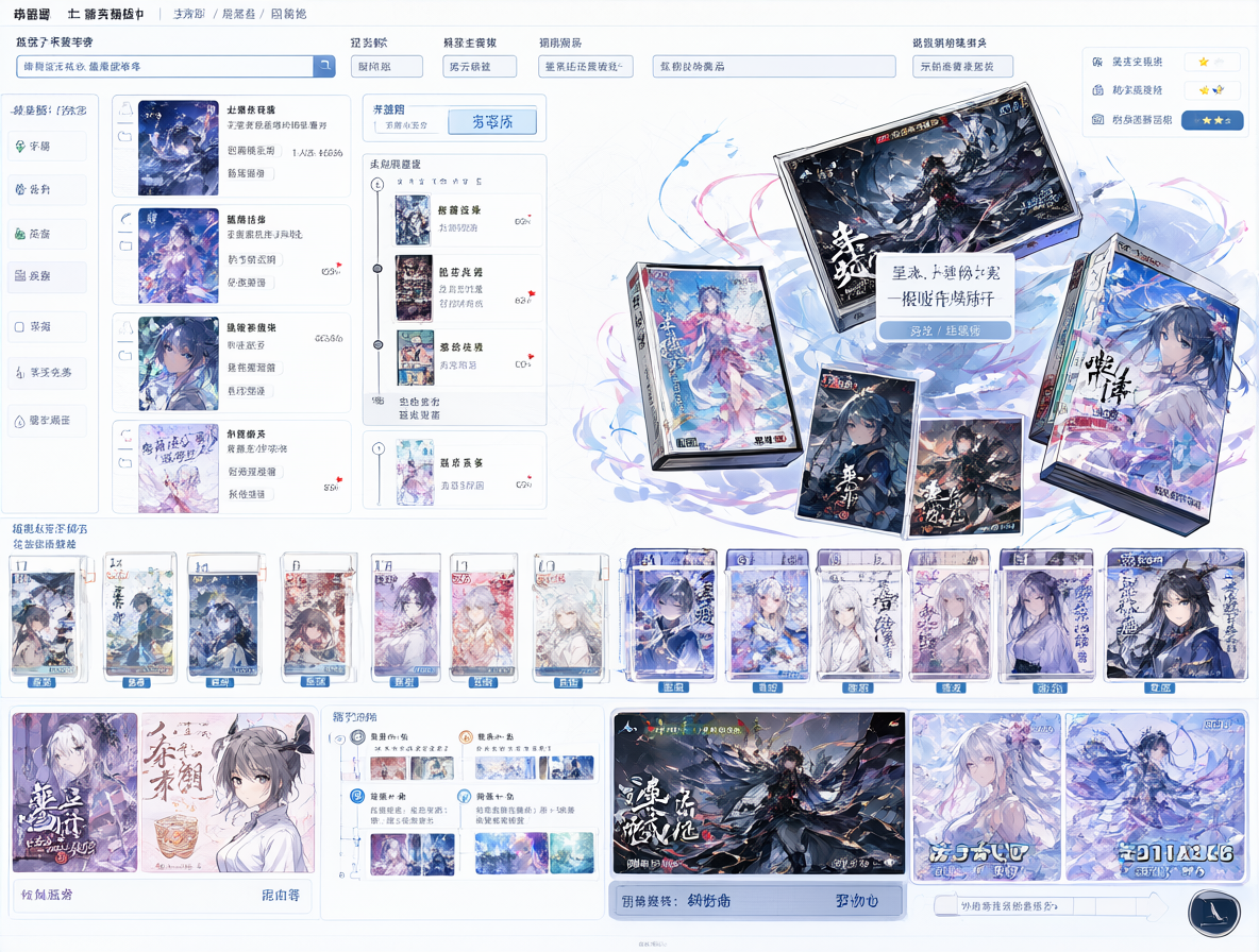 Ilustración detallada de una interfaz de base de datos de anime con listas de títulos y estrellas de calificación.