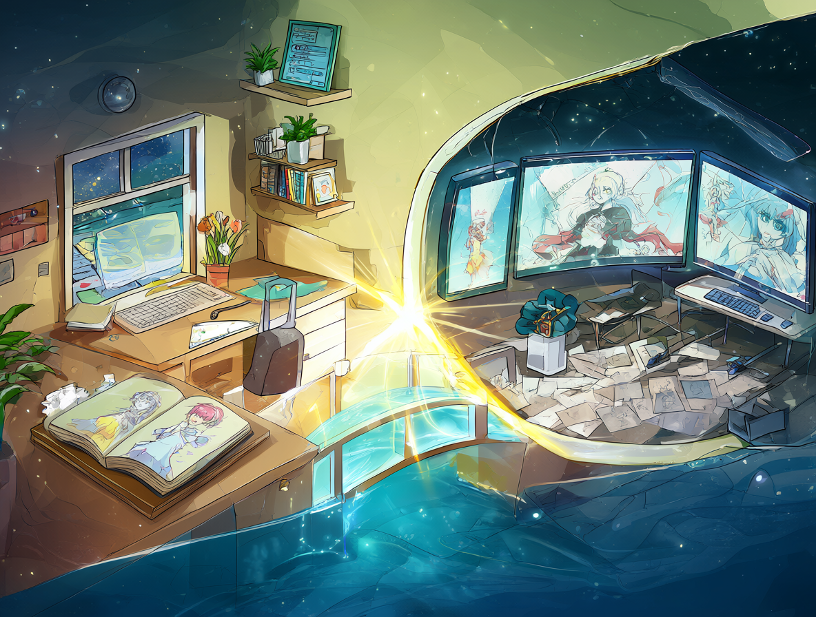 Dos espacios creativos conectados por un puente brillante, representando el feedback entre anime y manga.