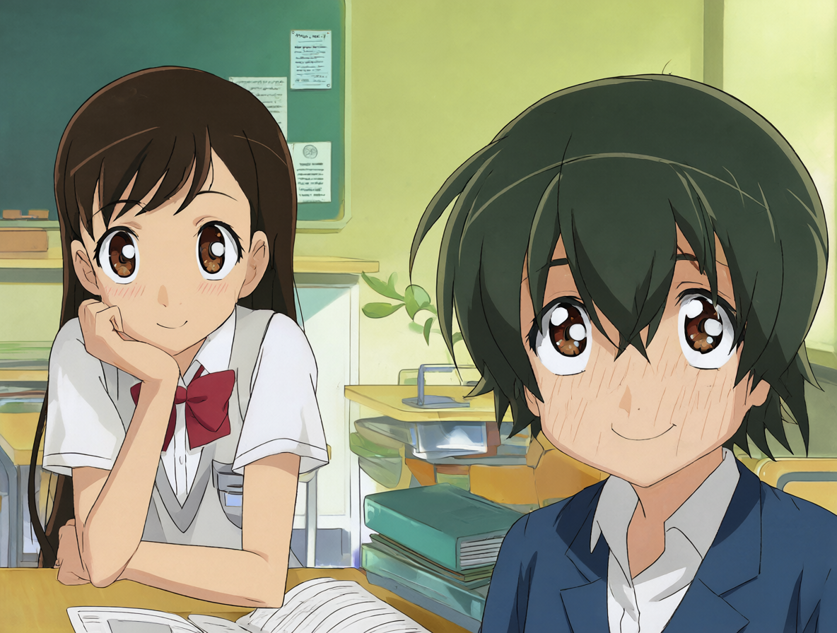 Imagen de Rea y Chihiro en el aula de la escuela