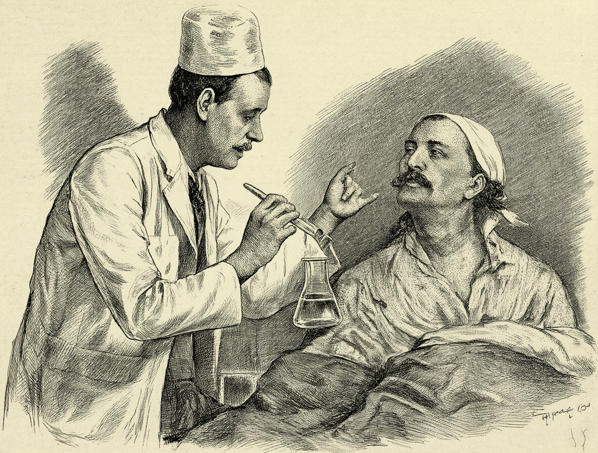 Ilustración histórica de un científico examinando a un paciente.