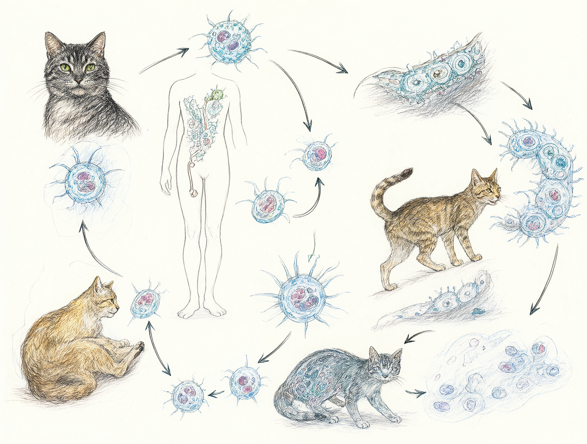 Esquema biológico detallado del ciclo de vida del Toxoplasma gondii