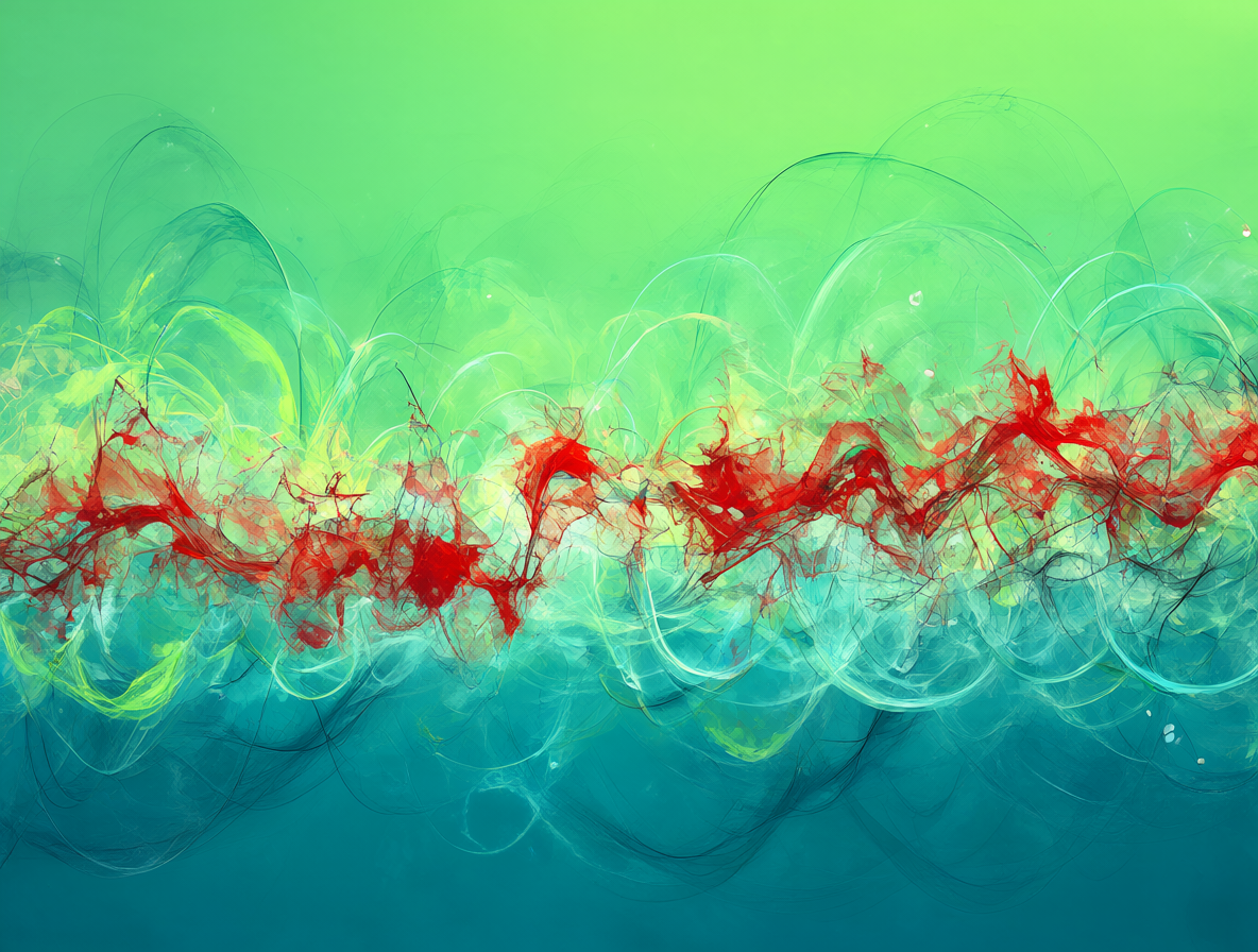 Ilustración abstracta de ondas sonoras verdes y azules calmando patrones de ruido rojo turbulento, simbolizando la terapia de audio efectiva para el tinnitus.