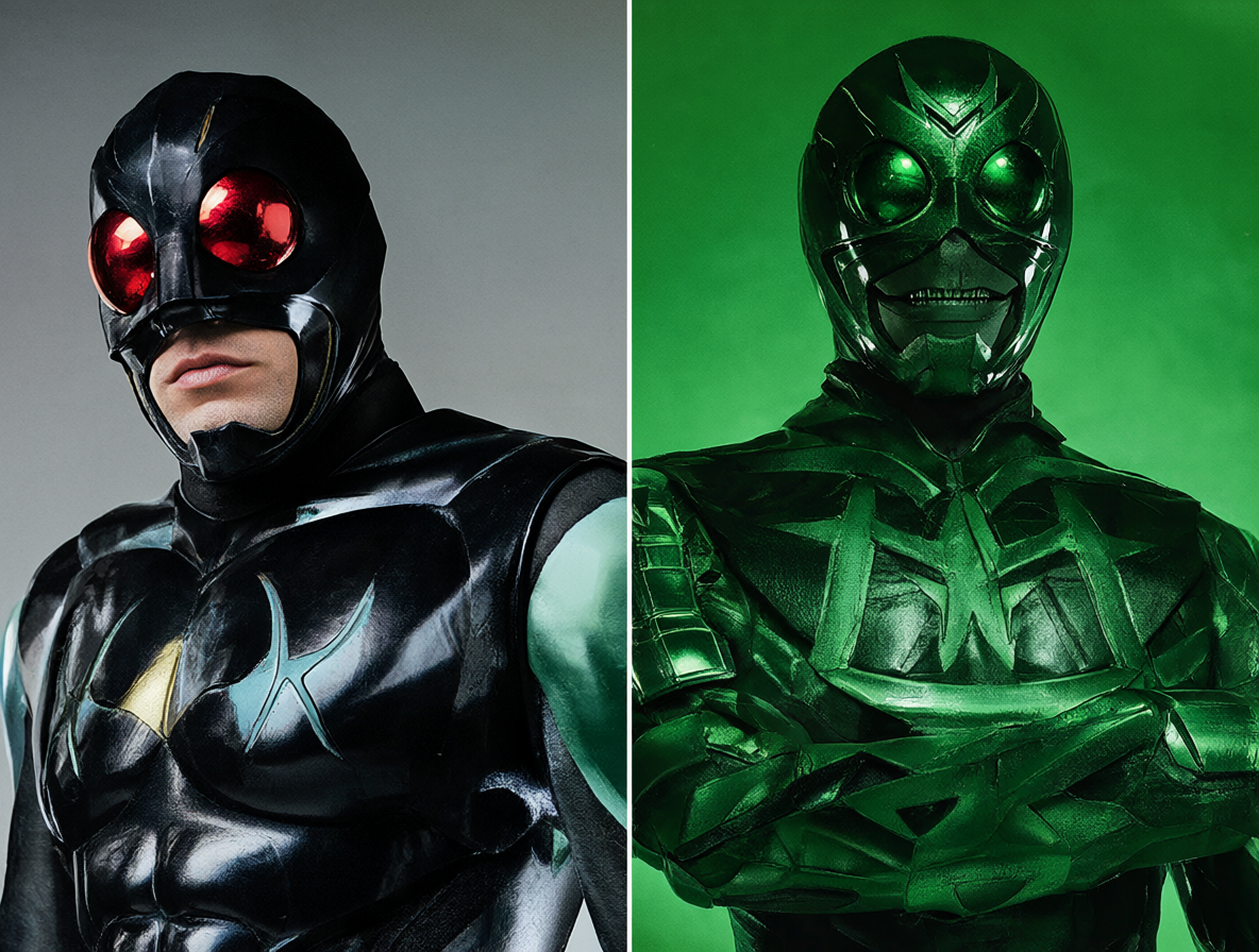 Imagen comparativa del traje blanco de Gekkou Kamen junto al uniforme azul del Capitán Centella.