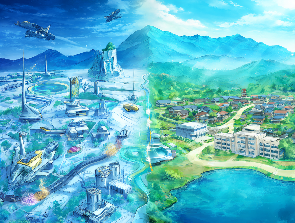 Ilustración que muestra el contraste entre un paisaje alienígena futurista y una tranquila aldea japonesa, representando la diferencia entre las dos series.