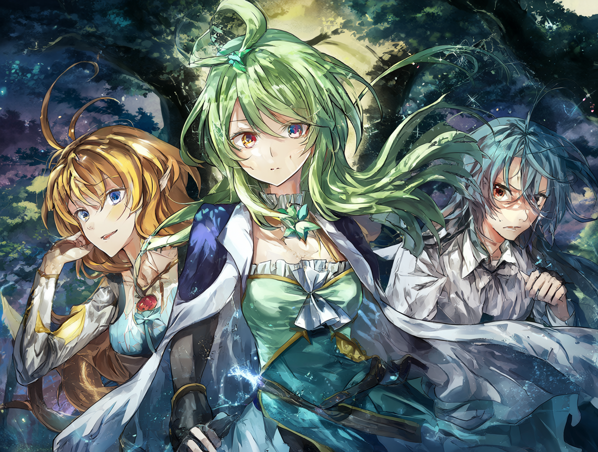 Imagen de los personajes principales del anime Mushoku Tensei reunidos en una escena ilustrativa