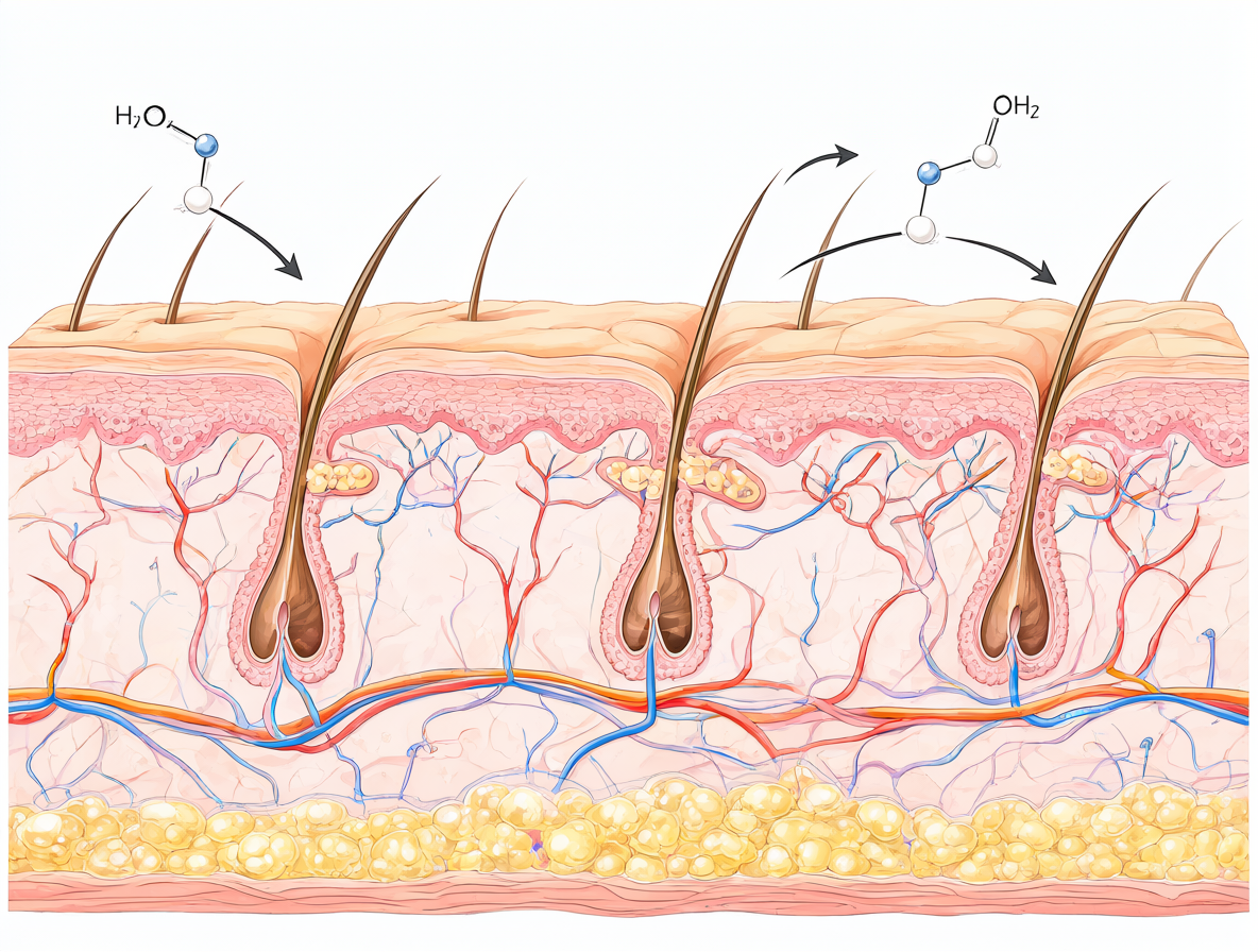 Sección transversal mostrando moléculas atravesando piel y tejido cerebral