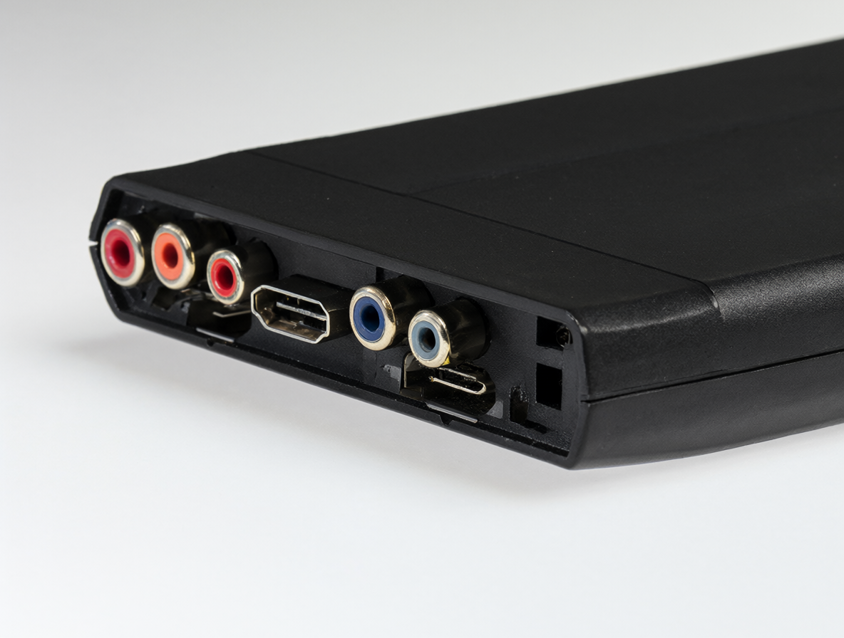 Foto de un dispositivo electrónico negro con puertos RCA y HDMI.