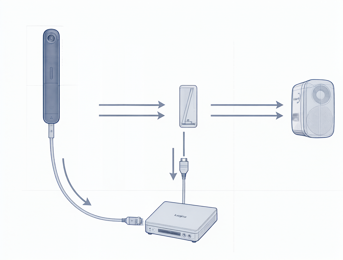 Esquema técnico mostrando la conexión entre un PC, un decodificador y parlantes.
