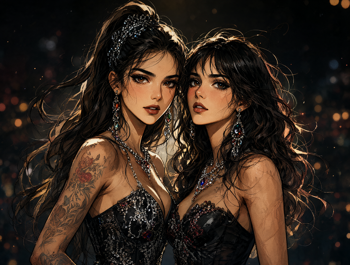 Una ilustración artística mostrando a la banda La Oreja de Van Gogh en un escenario.
